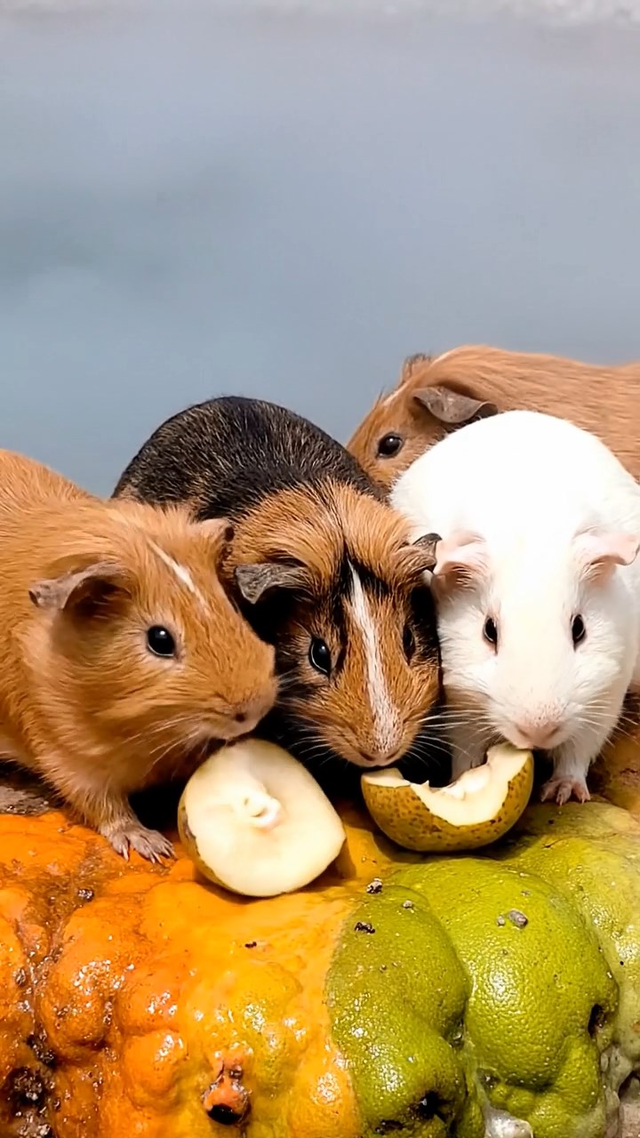 1047. Detailed image of 4 smooth-haired Rex guinea pigs in cinnamon, sable, and white colors, sharing pear cores, by a steaming Yellowstone hot spring with colorful bacterial mats.