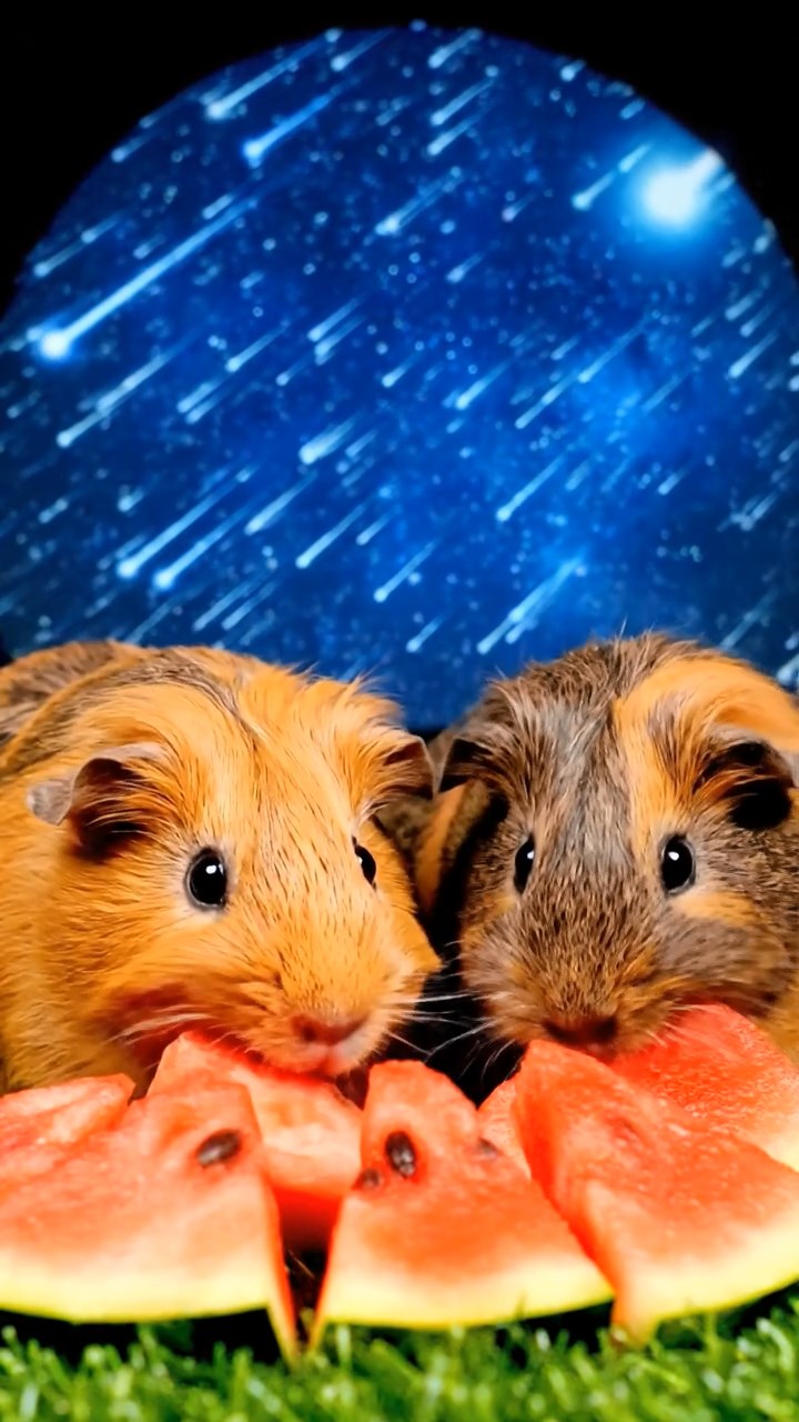 1048. Photorealistic scene of 2 smooth-haired Coronet guinea pigs with orange and gray fur, munching on watermelon slices, under a domed planetarium showing a meteor shower.