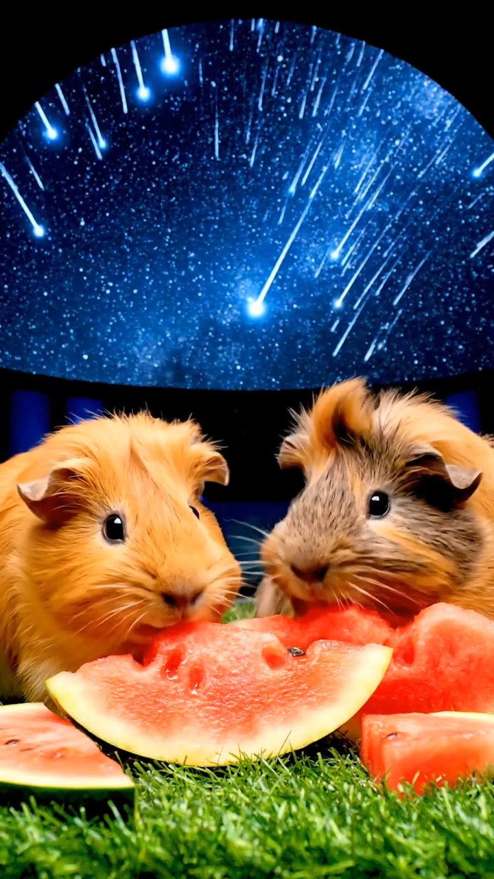 1048. Photorealistic scene of 2 smooth-haired Coronet guinea pigs with orange and gray fur, munching on watermelon slices, under a domed planetarium showing a meteor shower.