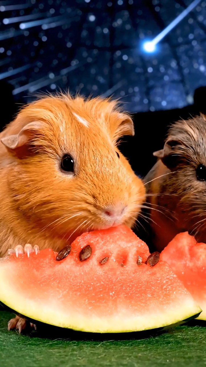 1048. Photorealistic scene of 2 smooth-haired Coronet guinea pigs with orange and gray fur, munching on watermelon slices, under a domed planetarium showing a meteor shower.
