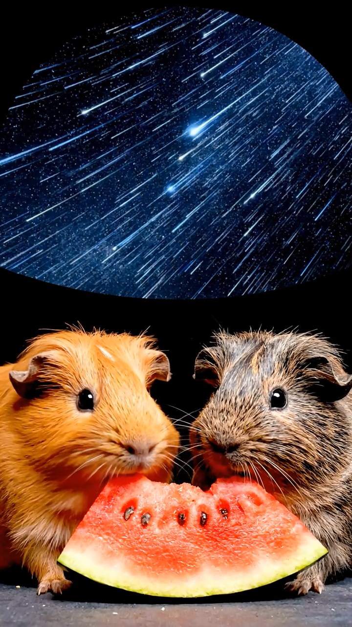 1048. Photorealistic scene of 2 smooth-haired Coronet guinea pigs with orange and gray fur, munching on watermelon slices, under a domed planetarium showing a meteor shower.
