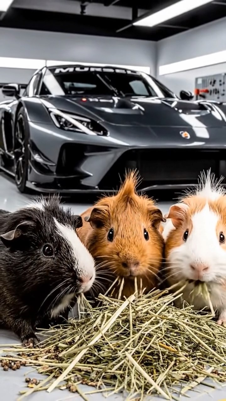 1049. Realistic photo of 3 smooth-haired White Crested guinea pigs featuring black, brown, and cream coats, eating timothy hay, in a high-speed racetrack garage with sleek cars.