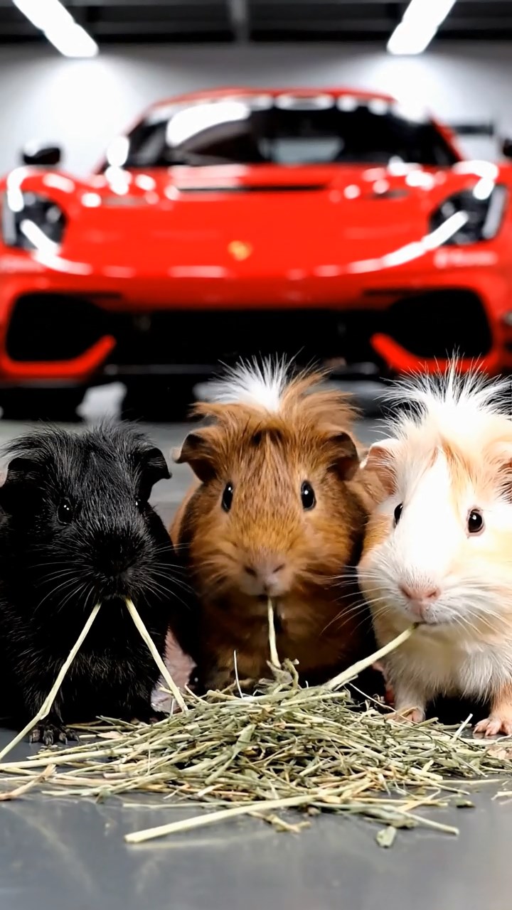 1049. Realistic photo of 3 smooth-haired White Crested guinea pigs featuring black, brown, and cream coats, eating timothy hay, in a high-speed racetrack garage with sleek cars.