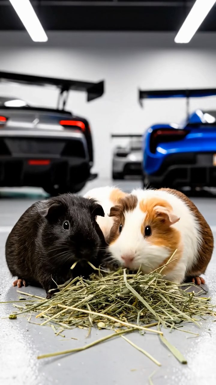 1049. Realistic photo of 3 smooth-haired White Crested guinea pigs featuring black, brown, and cream coats, eating timothy hay, in a high-speed racetrack garage with sleek cars.