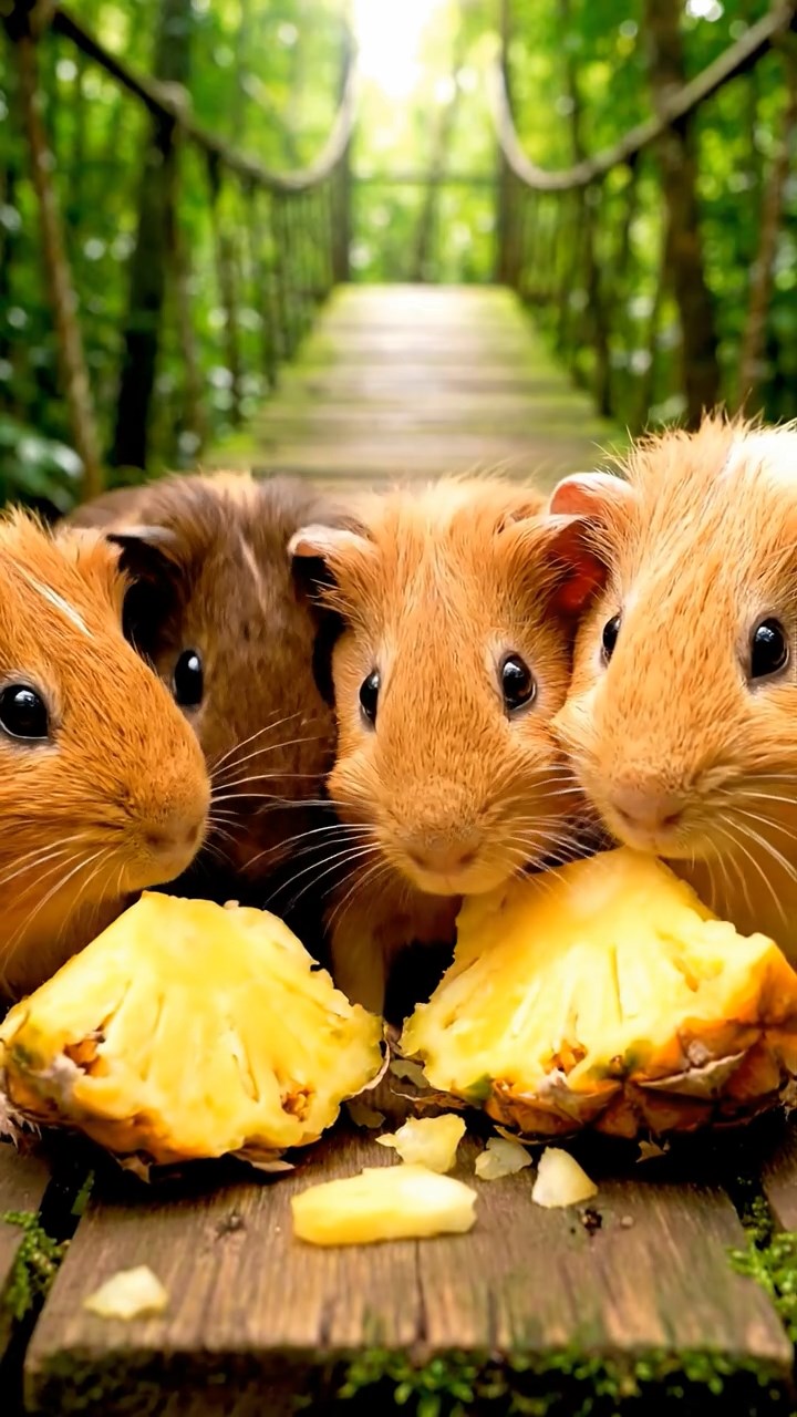 1050. Highly detailed view of 5 smooth-haired Skinny guinea pigs with fawn, chocolate, and cinnamon fur, nibbling on pineapple cores, along a suspended rainforest canopy bridge.