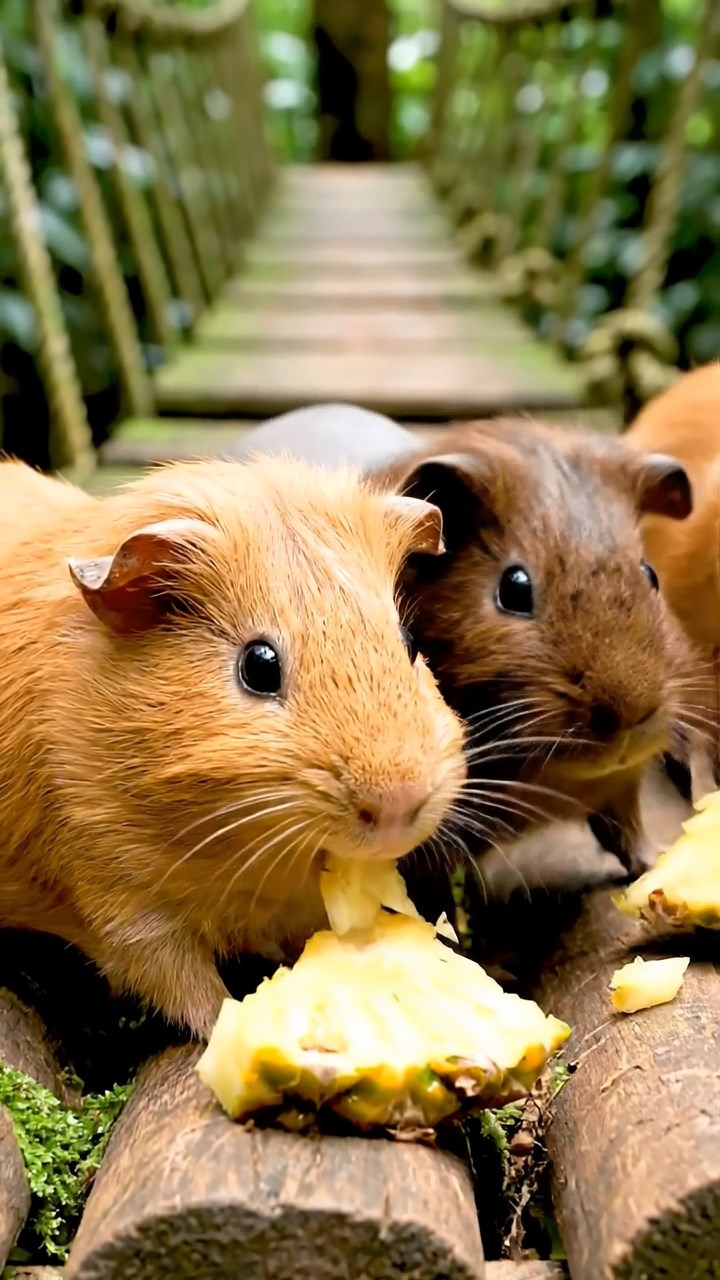 1050. Highly detailed view of 5 smooth-haired Skinny guinea pigs with fawn, chocolate, and cinnamon fur, nibbling on pineapple cores, along a suspended rainforest canopy bridge.