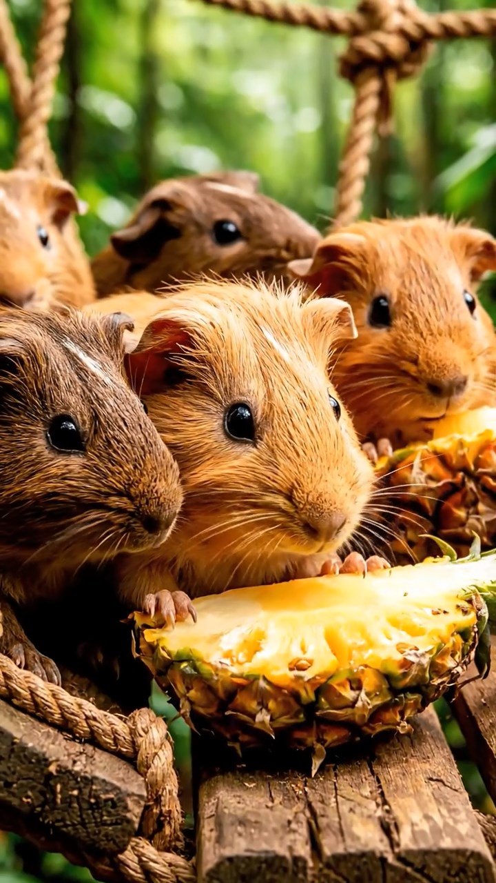 1050. Highly detailed view of 5 smooth-haired Skinny guinea pigs with fawn, chocolate, and cinnamon fur, nibbling on pineapple cores, along a suspended rainforest canopy bridge.