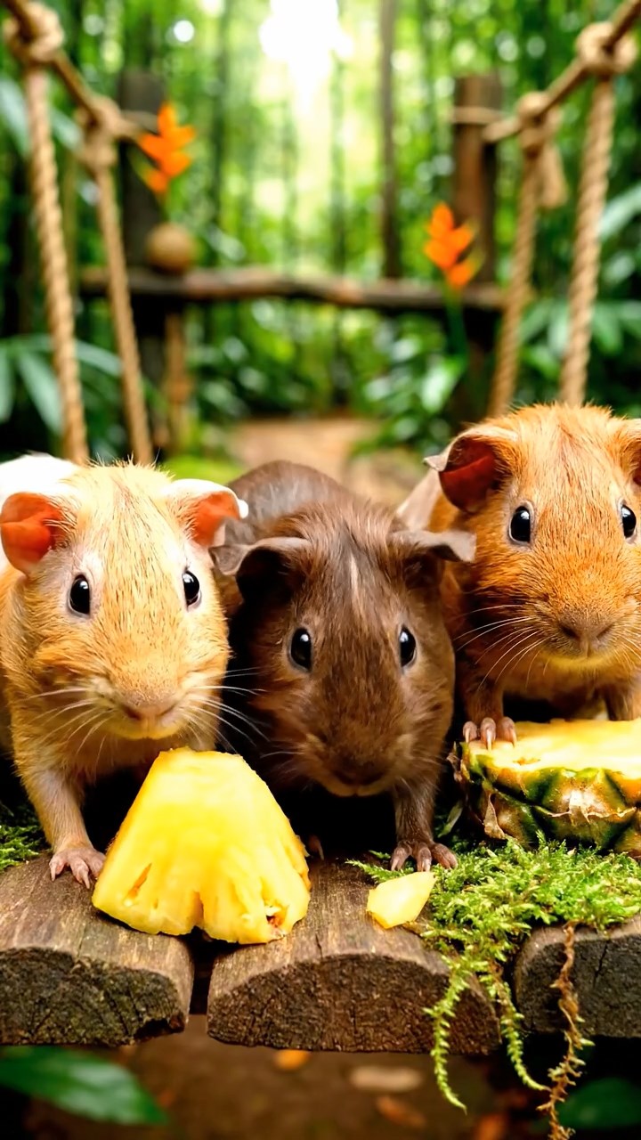 1050. Highly detailed view of 5 smooth-haired Skinny guinea pigs with fawn, chocolate, and cinnamon fur, nibbling on pineapple cores, along a suspended rainforest canopy bridge.