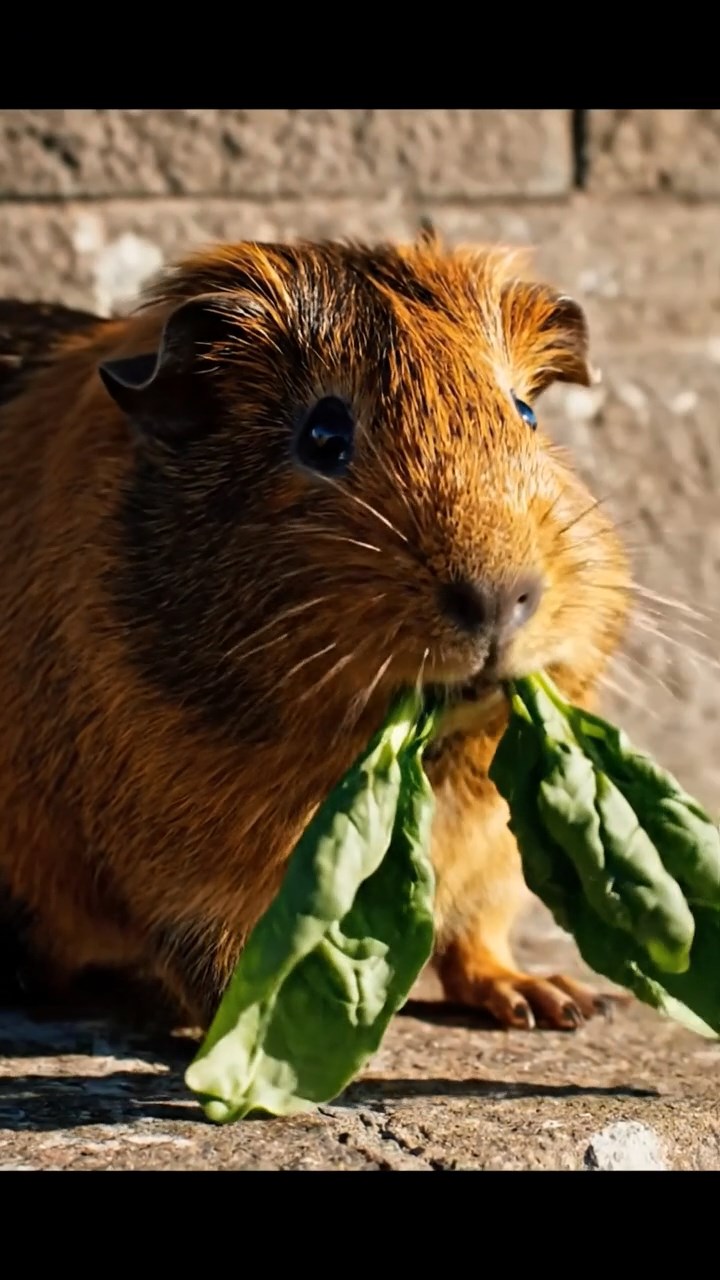 1051. Photorealistic image of 1 smooth-haired American guinea pig with sable fur, chewing on spinach bunches, atop a coastal cliff lighthouse with crashing waves below.