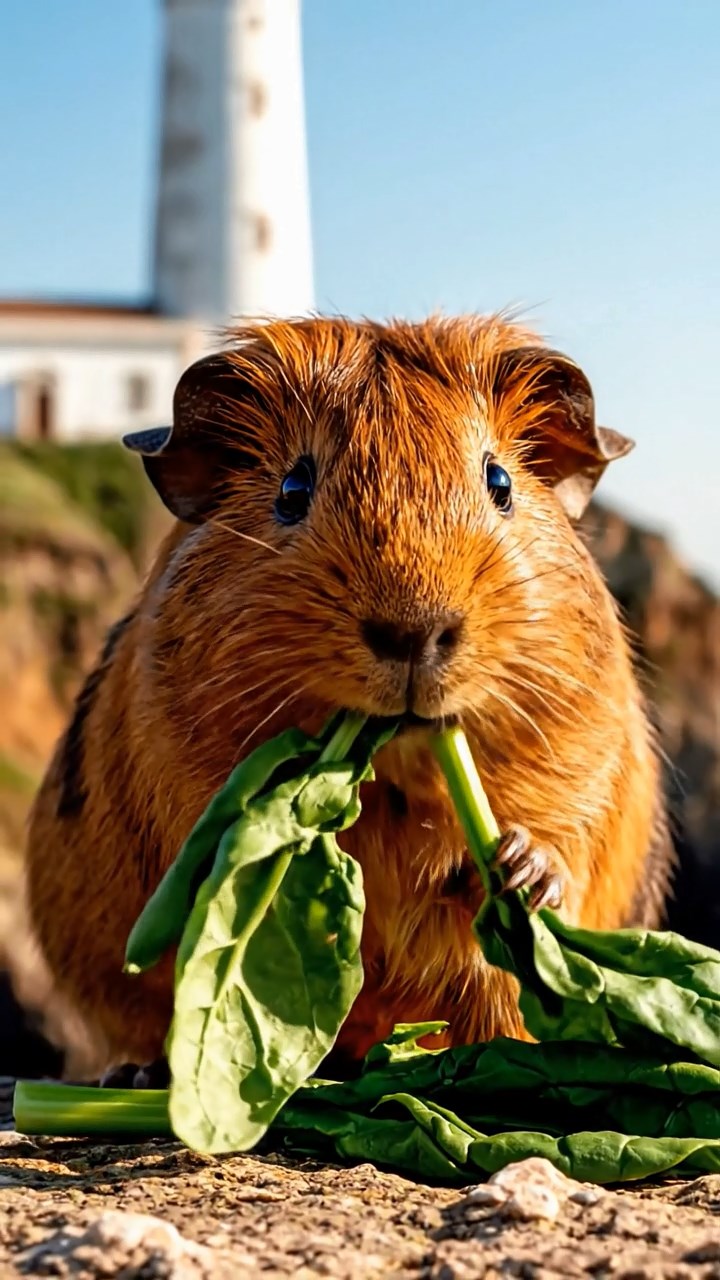 1051. Photorealistic image of 1 smooth-haired American guinea pig with sable fur, chewing on spinach bunches, atop a coastal cliff lighthouse with crashing waves below.