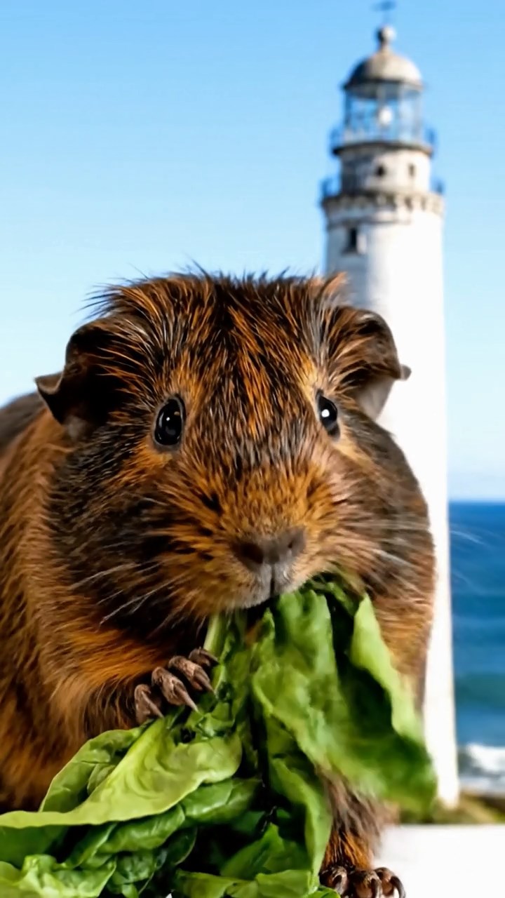 1051. Photorealistic image of 1 smooth-haired American guinea pig with sable fur, chewing on spinach bunches, atop a coastal cliff lighthouse with crashing waves below.