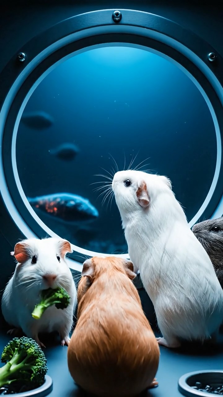 1052. Realistic depiction of 4 smooth-haired Abyssinian guinea pigs in white, orange, and gray colors, sharing broccoli stems, peering through a deep-sea submarine porthole at abyssal creatures.