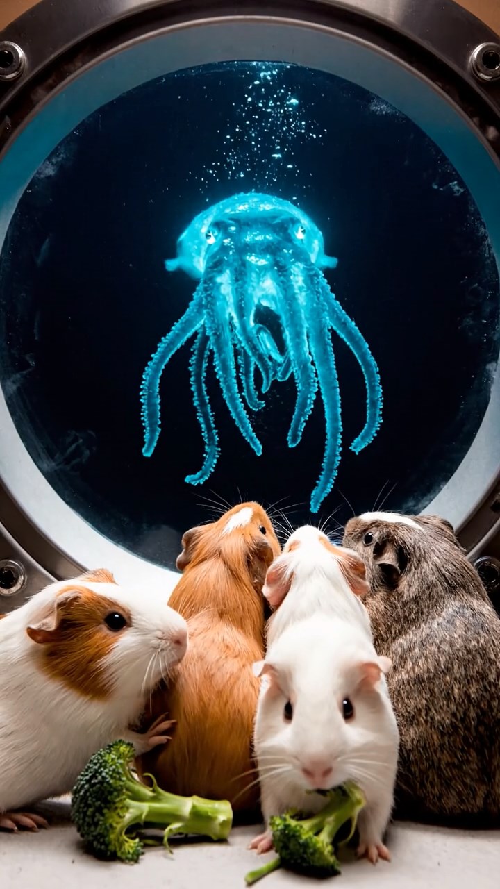 1052. Realistic depiction of 4 smooth-haired Abyssinian guinea pigs in white, orange, and gray colors, sharing broccoli stems, peering through a deep-sea submarine porthole at abyssal creatures.