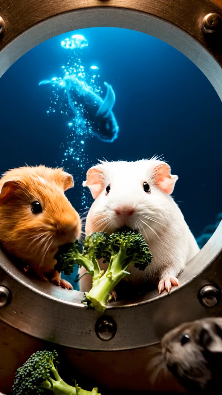1052. Realistic depiction of 4 smooth-haired Abyssinian guinea pigs in white, orange, and gray colors, sharing broccoli stems, peering through a deep-sea submarine porthole at abyssal creatures.