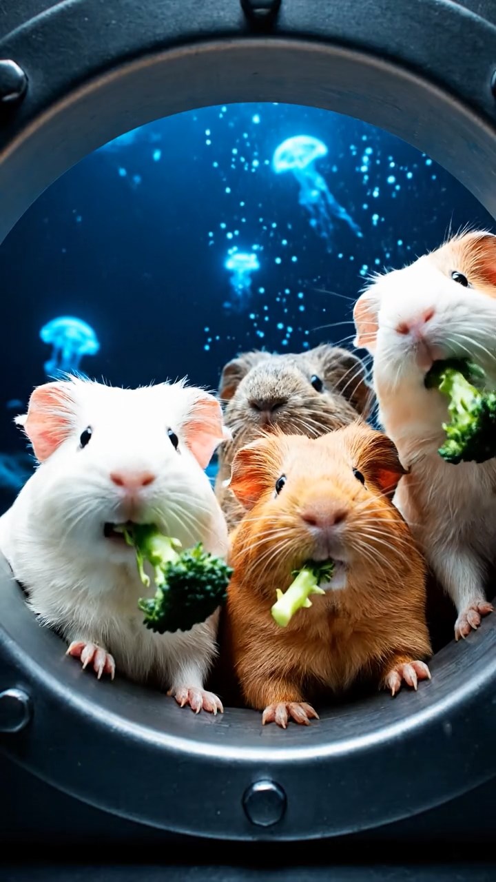 1052. Realistic depiction of 4 smooth-haired Abyssinian guinea pigs in white, orange, and gray colors, sharing broccoli stems, peering through a deep-sea submarine porthole at abyssal creatures.