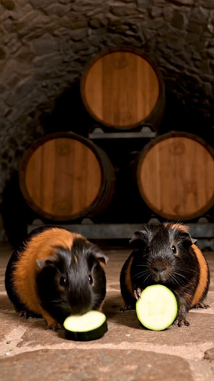 1053. Detailed scene of 2 smooth-haired Peruvian guinea pigs with black and brown fur, munching on zucchini rounds, among oak barrels in a dimly lit wine cellar vault.