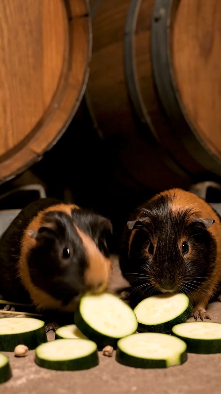 1053. Detailed scene of 2 smooth-haired Peruvian guinea pigs with black and brown fur, munching on zucchini rounds, among oak barrels in a dimly lit wine cellar vault.
