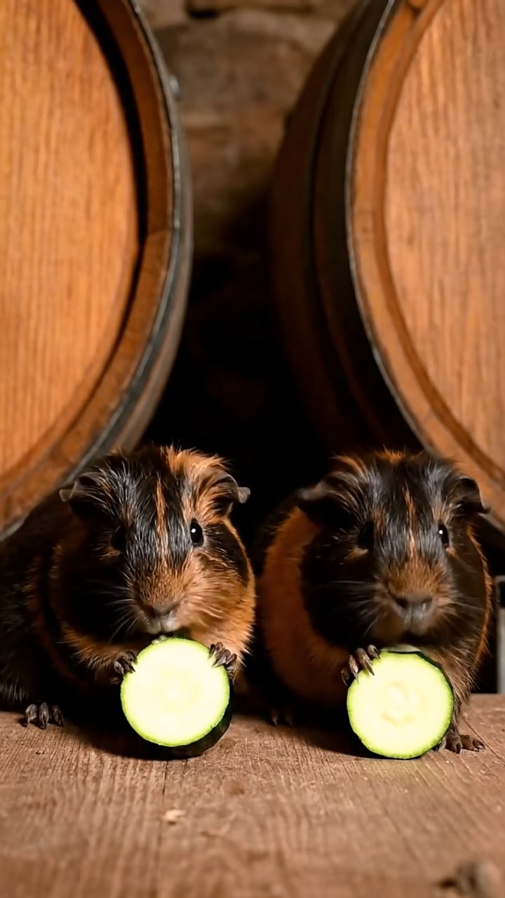 1053. Detailed scene of 2 smooth-haired Peruvian guinea pigs with black and brown fur, munching on zucchini rounds, among oak barrels in a dimly lit wine cellar vault.
