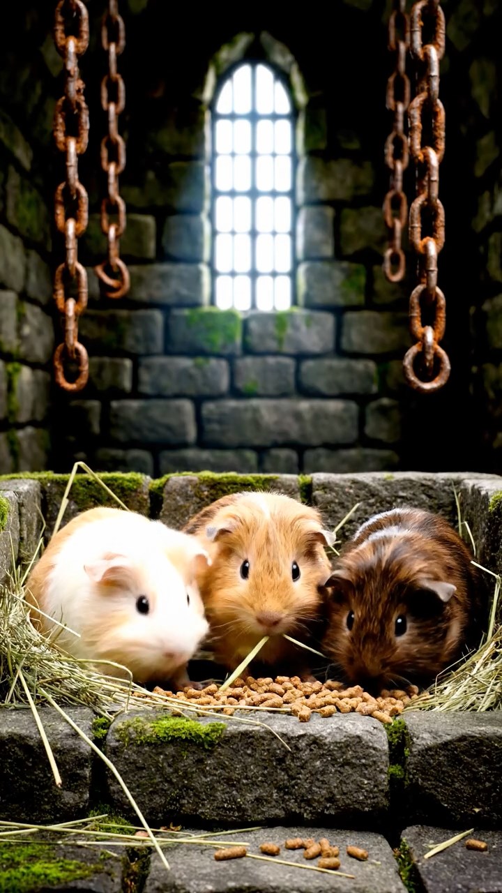 1054. Photorealistic photo of 3 smooth-haired Silkie guinea pigs featuring cream, fawn, and chocolate coats, eating alfalfa pellets, in a grim medieval castle dungeon with iron chains.