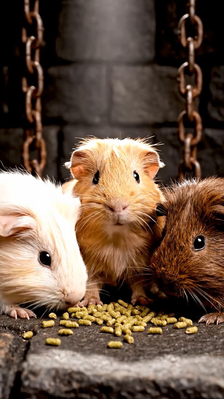 1054. Photorealistic photo of 3 smooth-haired Silkie guinea pigs featuring cream, fawn, and chocolate coats, eating alfalfa pellets, in a grim medieval castle dungeon with iron chains.