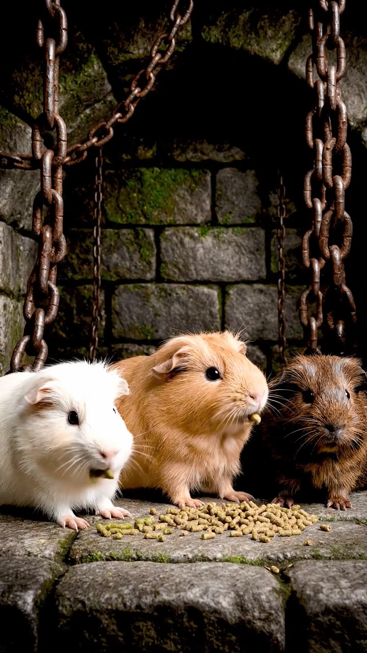 1054. Photorealistic photo of 3 smooth-haired Silkie guinea pigs featuring cream, fawn, and chocolate coats, eating alfalfa pellets, in a grim medieval castle dungeon with iron chains.