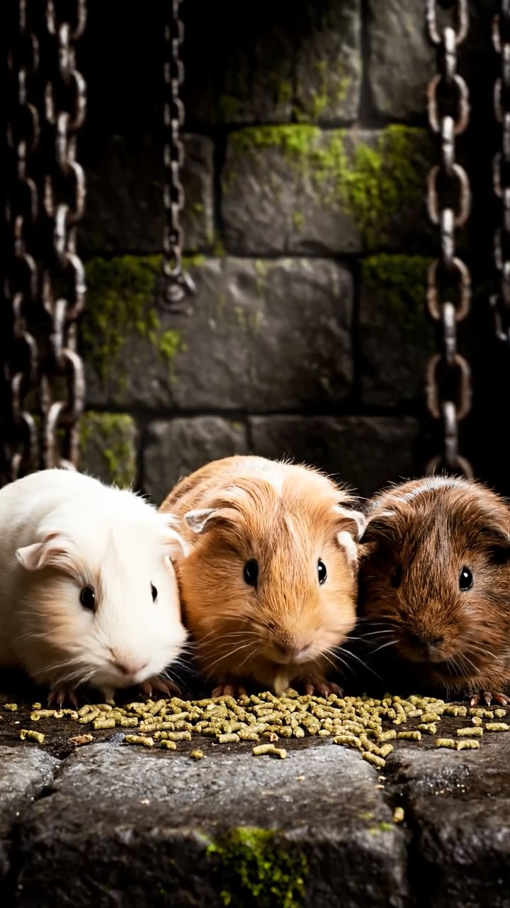 1054. Photorealistic photo of 3 smooth-haired Silkie guinea pigs featuring cream, fawn, and chocolate coats, eating alfalfa pellets, in a grim medieval castle dungeon with iron chains.
