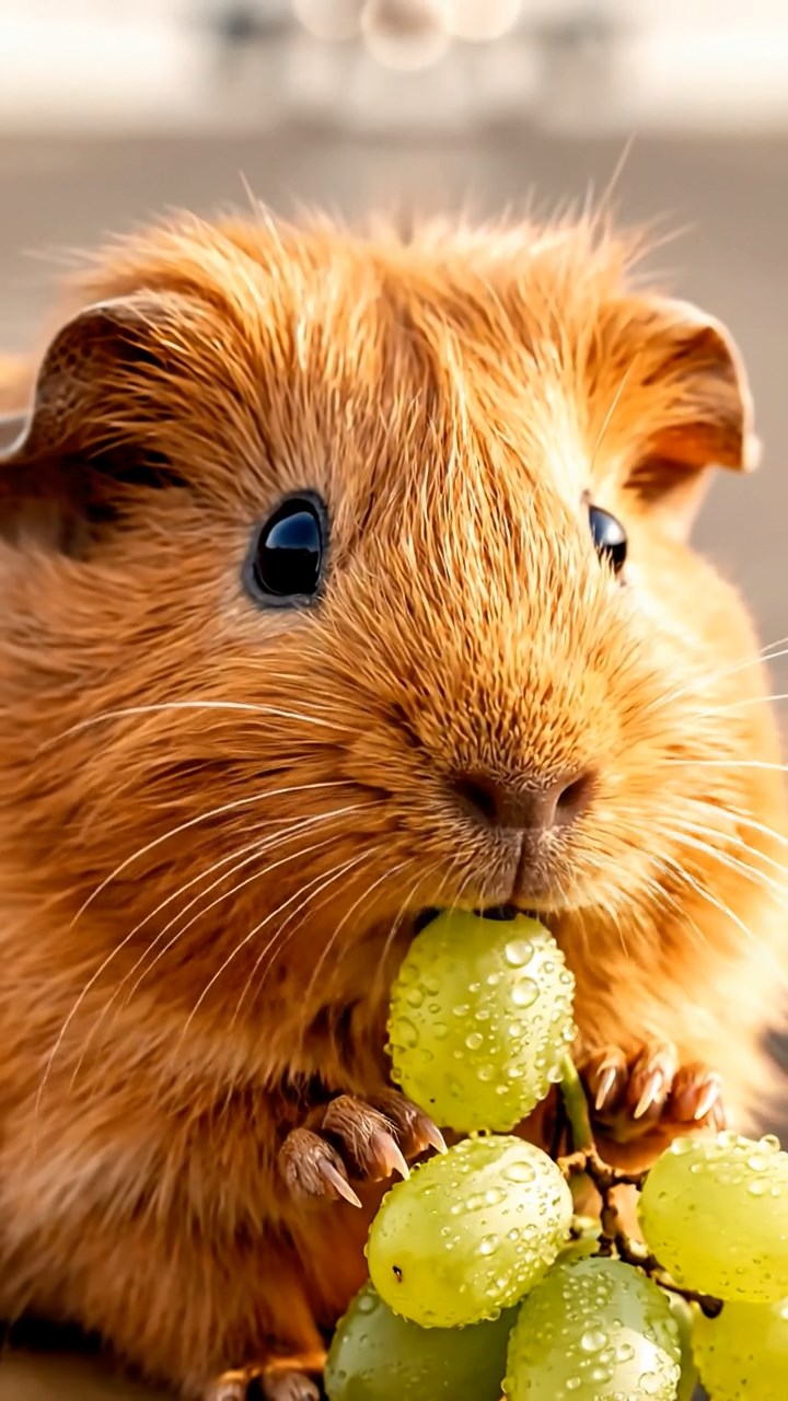 1055. Realistic image of 1 smooth-haired Teddy guinea pig with cinnamon fur, nibbling on grape clusters, on a busy international airport tarmac with jets taking off.