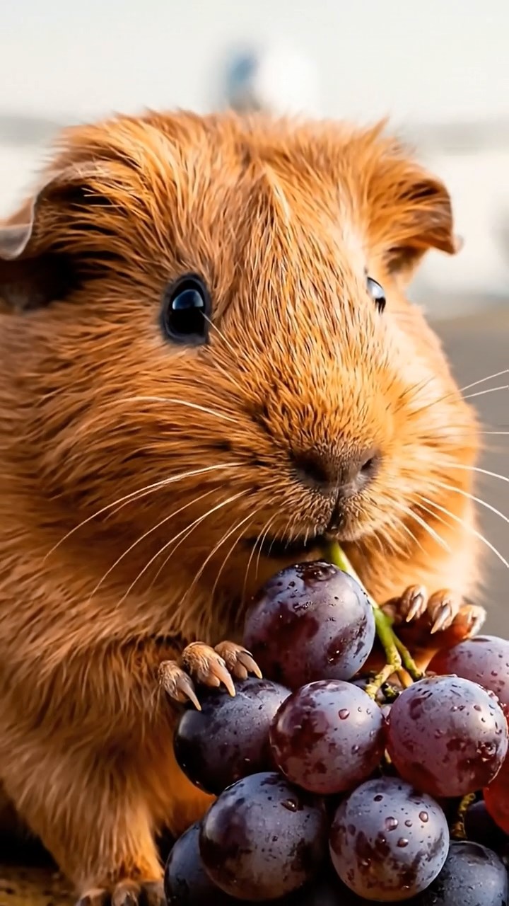 1055. Realistic image of 1 smooth-haired Teddy guinea pig with cinnamon fur, nibbling on grape clusters, on a busy international airport tarmac with jets taking off.