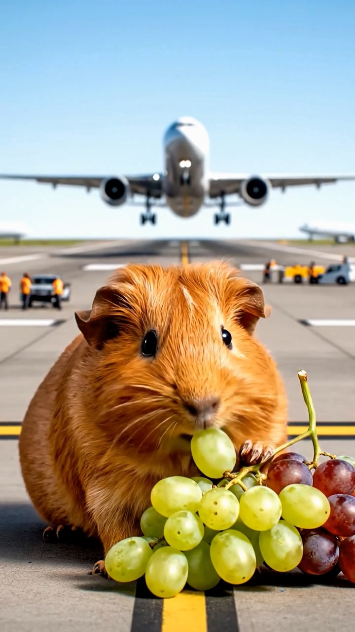 1055. Realistic image of 1 smooth-haired Teddy guinea pig with cinnamon fur, nibbling on grape clusters, on a busy international airport tarmac with jets taking off.
