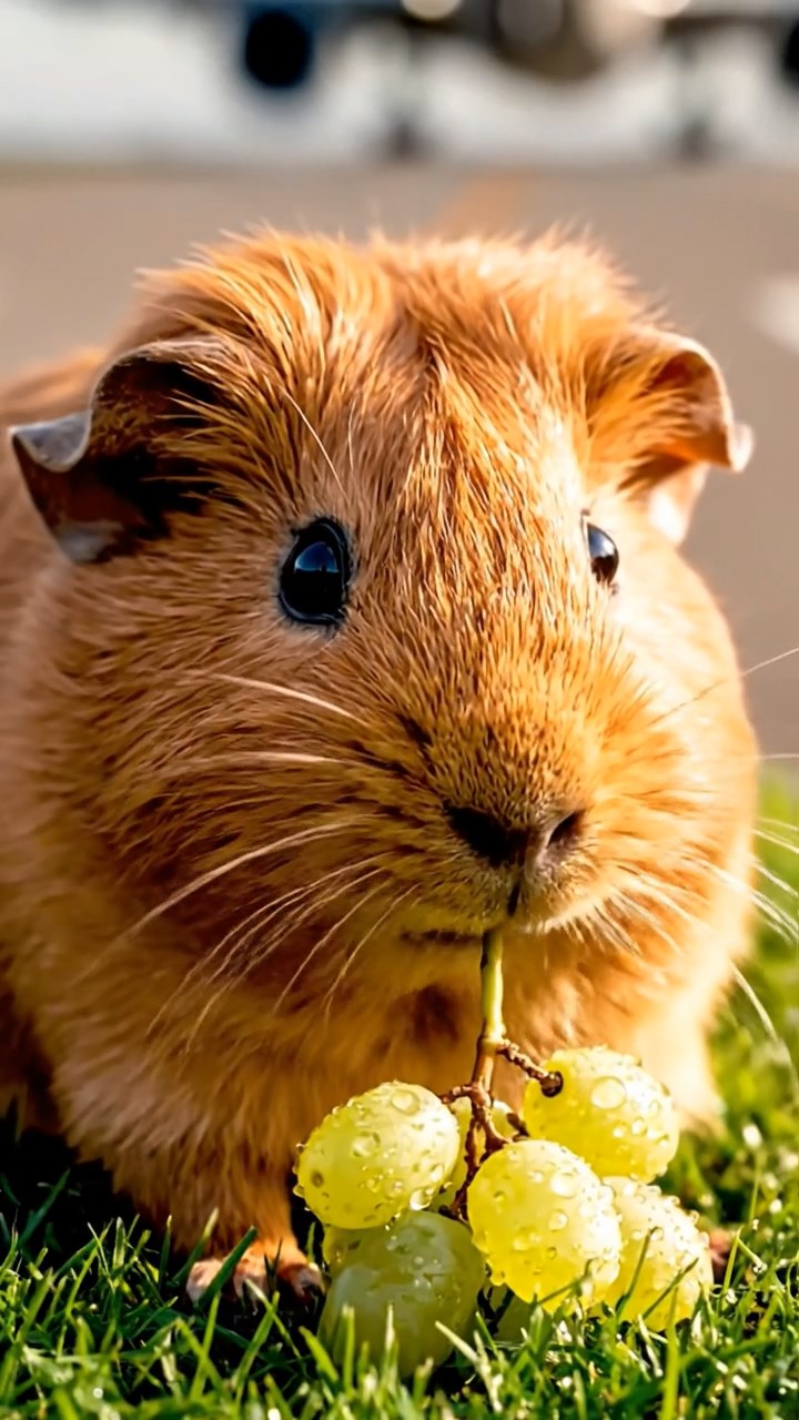 1055. Realistic image of 1 smooth-haired Teddy guinea pig with cinnamon fur, nibbling on grape clusters, on a busy international airport tarmac with jets taking off.