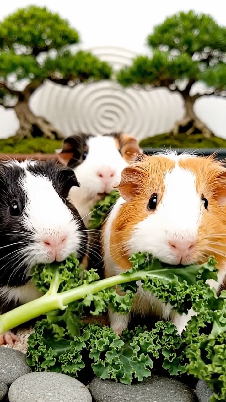 1056. Highly detailed view of 5 smooth-haired Texel guinea pigs with sable, white, and orange fur, chewing on kale stems, in a tranquil Japanese zen garden with bonsai trees.