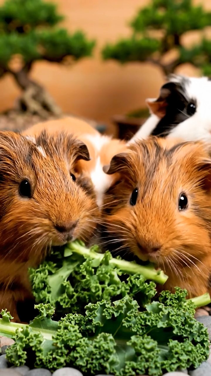 1056. Highly detailed view of 5 smooth-haired Texel guinea pigs with sable, white, and orange fur, chewing on kale stems, in a tranquil Japanese zen garden with bonsai trees.