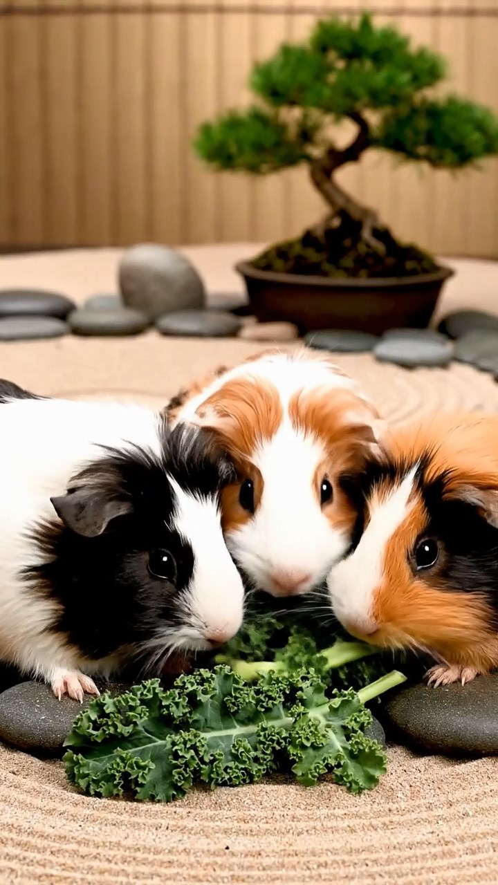 1056. Highly detailed view of 5 smooth-haired Texel guinea pigs with sable, white, and orange fur, chewing on kale stems, in a tranquil Japanese zen garden with bonsai trees.