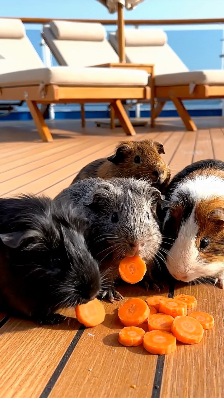 1057. Photorealistic scene of 4 smooth-haired Rex guinea pigs in gray, black, and brown colors, sharing carrot coins, on the sun deck of a luxury Mediterranean cruise liner.