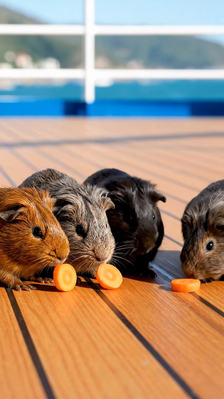 1057. Photorealistic scene of 4 smooth-haired Rex guinea pigs in gray, black, and brown colors, sharing carrot coins, on the sun deck of a luxury Mediterranean cruise liner.
