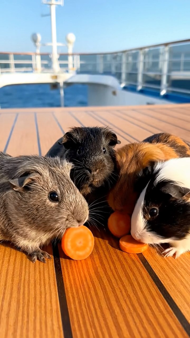 1057. Photorealistic scene of 4 smooth-haired Rex guinea pigs in gray, black, and brown colors, sharing carrot coins, on the sun deck of a luxury Mediterranean cruise liner.