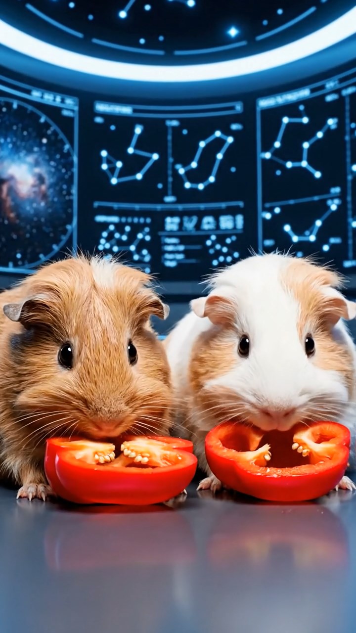 1058. Realistic depiction of 2 smooth-haired Coronet guinea pigs with cream and fawn fur, munching on bell pepper halves, inside a high-tech astronomical observatory with star charts.