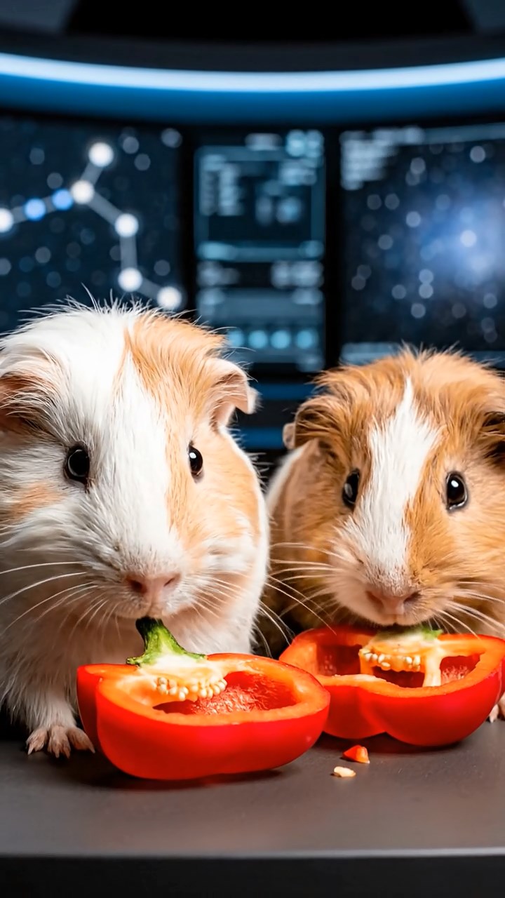 1058. Realistic depiction of 2 smooth-haired Coronet guinea pigs with cream and fawn fur, munching on bell pepper halves, inside a high-tech astronomical observatory with star charts.