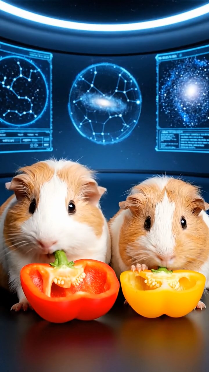 1058. Realistic depiction of 2 smooth-haired Coronet guinea pigs with cream and fawn fur, munching on bell pepper halves, inside a high-tech astronomical observatory with star charts.