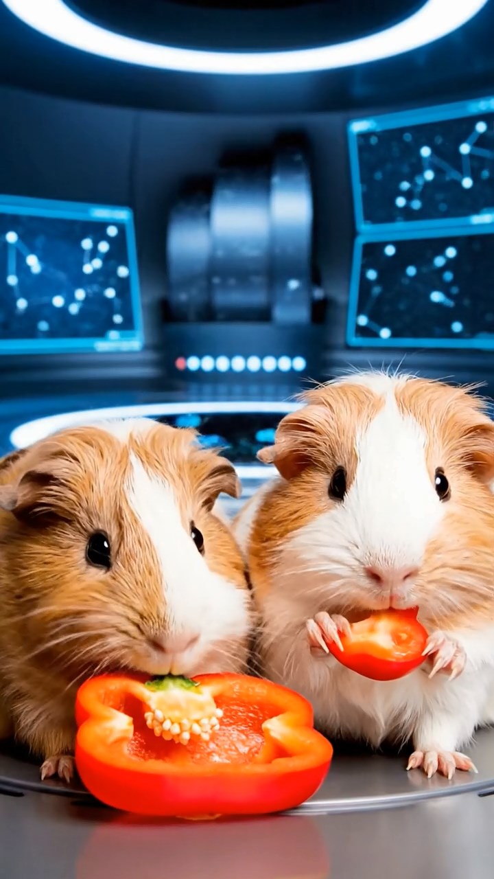 1058. Realistic depiction of 2 smooth-haired Coronet guinea pigs with cream and fawn fur, munching on bell pepper halves, inside a high-tech astronomical observatory with star charts.