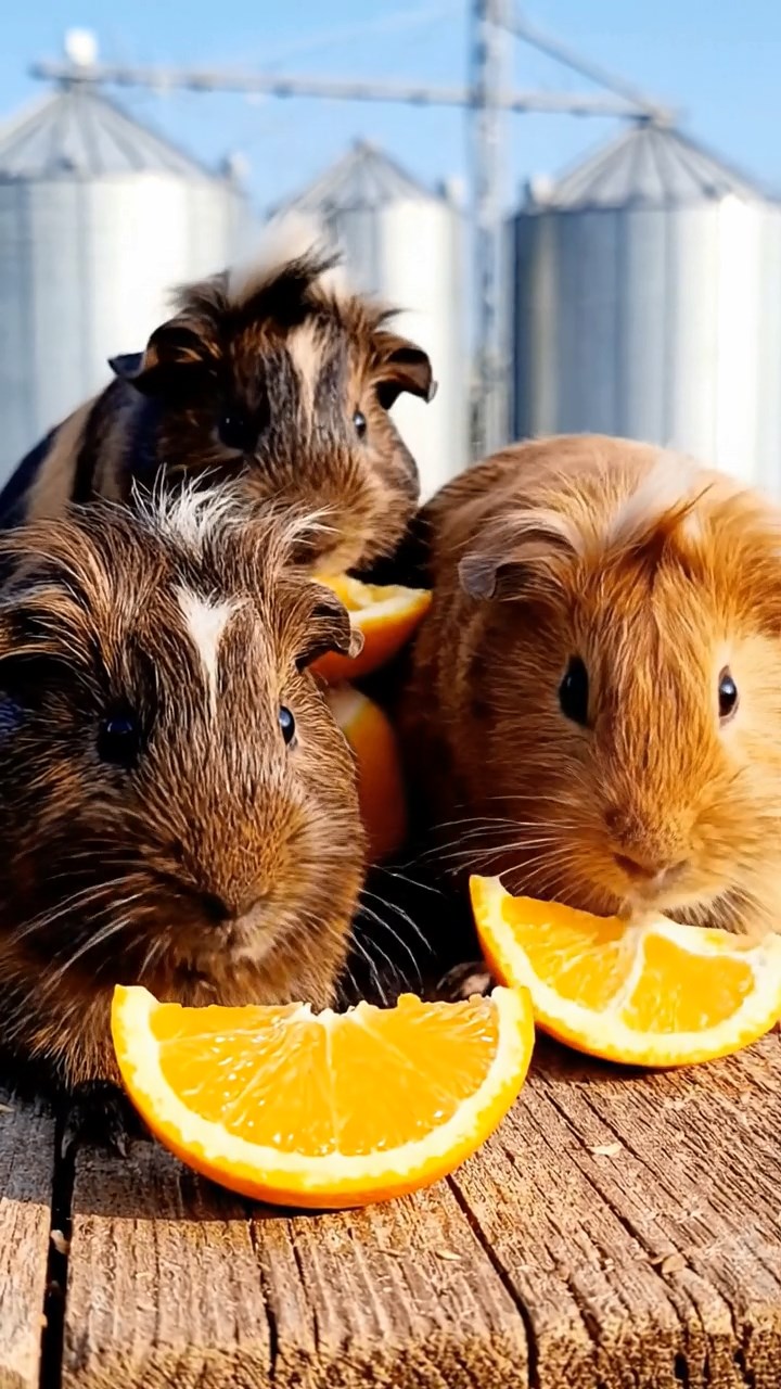 1059. Detailed photo of 3 smooth-haired White Crested guinea pigs featuring chocolate, cinnamon, and sable coats, eating orange wedges, atop a rural farm grain silo with silos horizon.