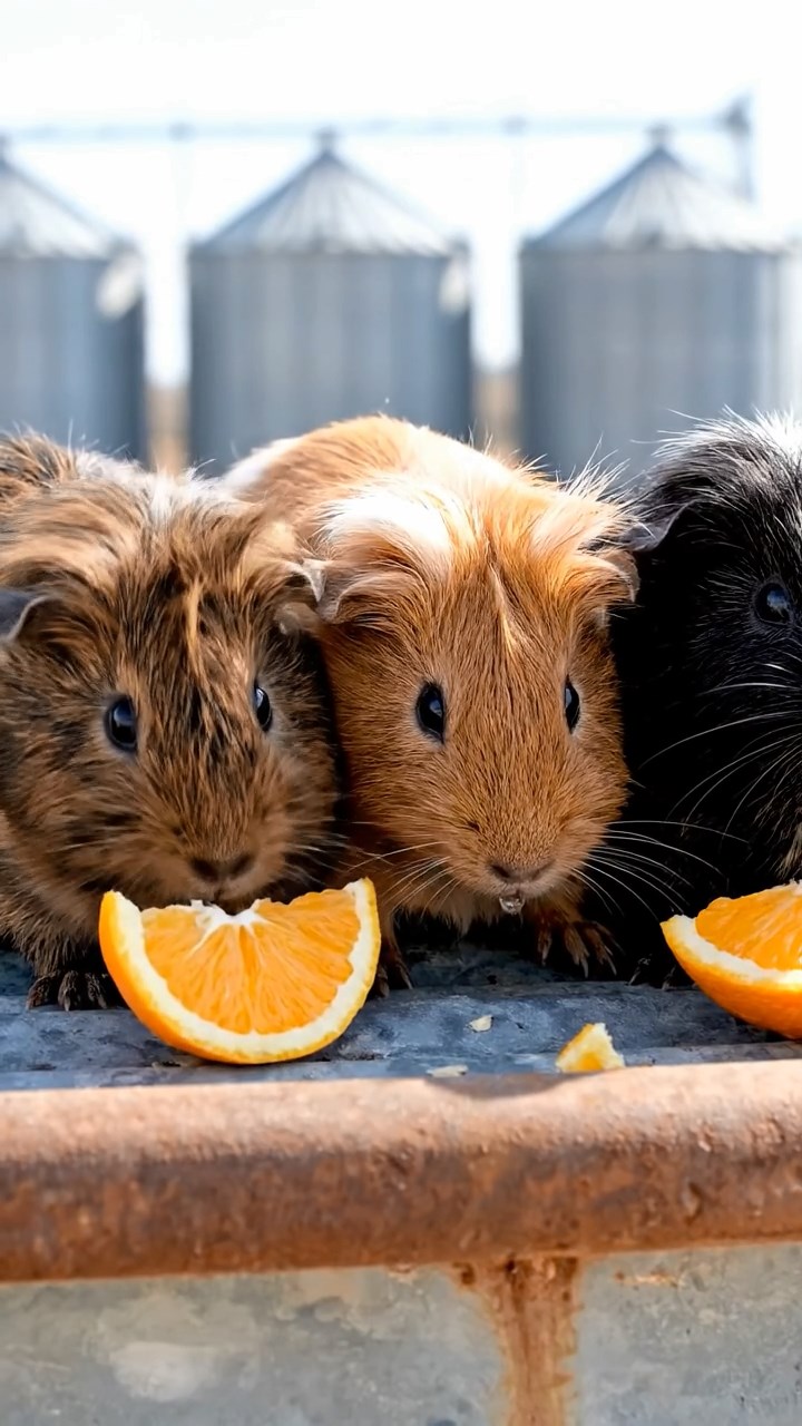 1059. Detailed photo of 3 smooth-haired White Crested guinea pigs featuring chocolate, cinnamon, and sable coats, eating orange wedges, atop a rural farm grain silo with silos horizon.