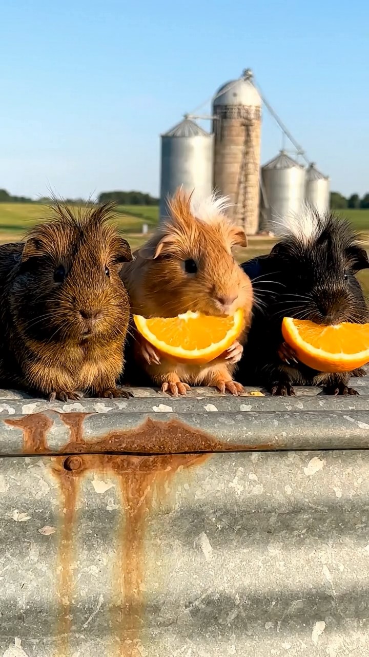 1059. Detailed photo of 3 smooth-haired White Crested guinea pigs featuring chocolate, cinnamon, and sable coats, eating orange wedges, atop a rural farm grain silo with silos horizon.