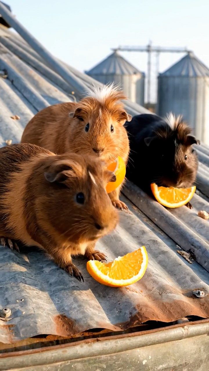 1059. Detailed photo of 3 smooth-haired White Crested guinea pigs featuring chocolate, cinnamon, and sable coats, eating orange wedges, atop a rural farm grain silo with silos horizon.