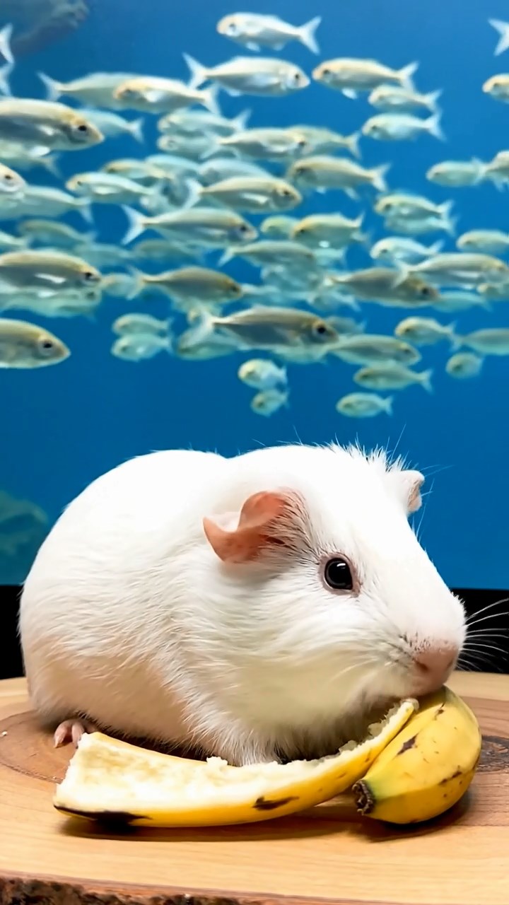 1060. Photorealistic image of 1 smooth-haired Skinny guinea pig with white fur, nibbling on banana skins, beside a massive public aquarium tank with schooling fish.
