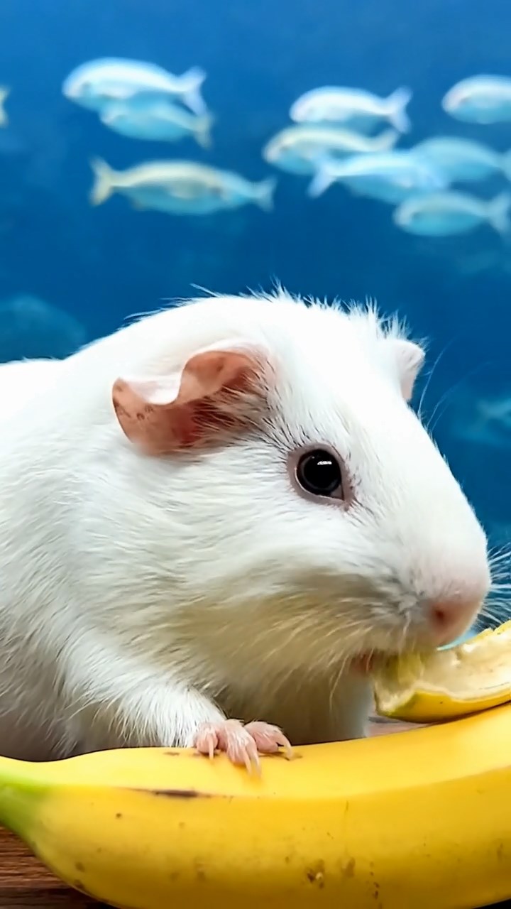 1060. Photorealistic image of 1 smooth-haired Skinny guinea pig with white fur, nibbling on banana skins, beside a massive public aquarium tank with schooling fish.