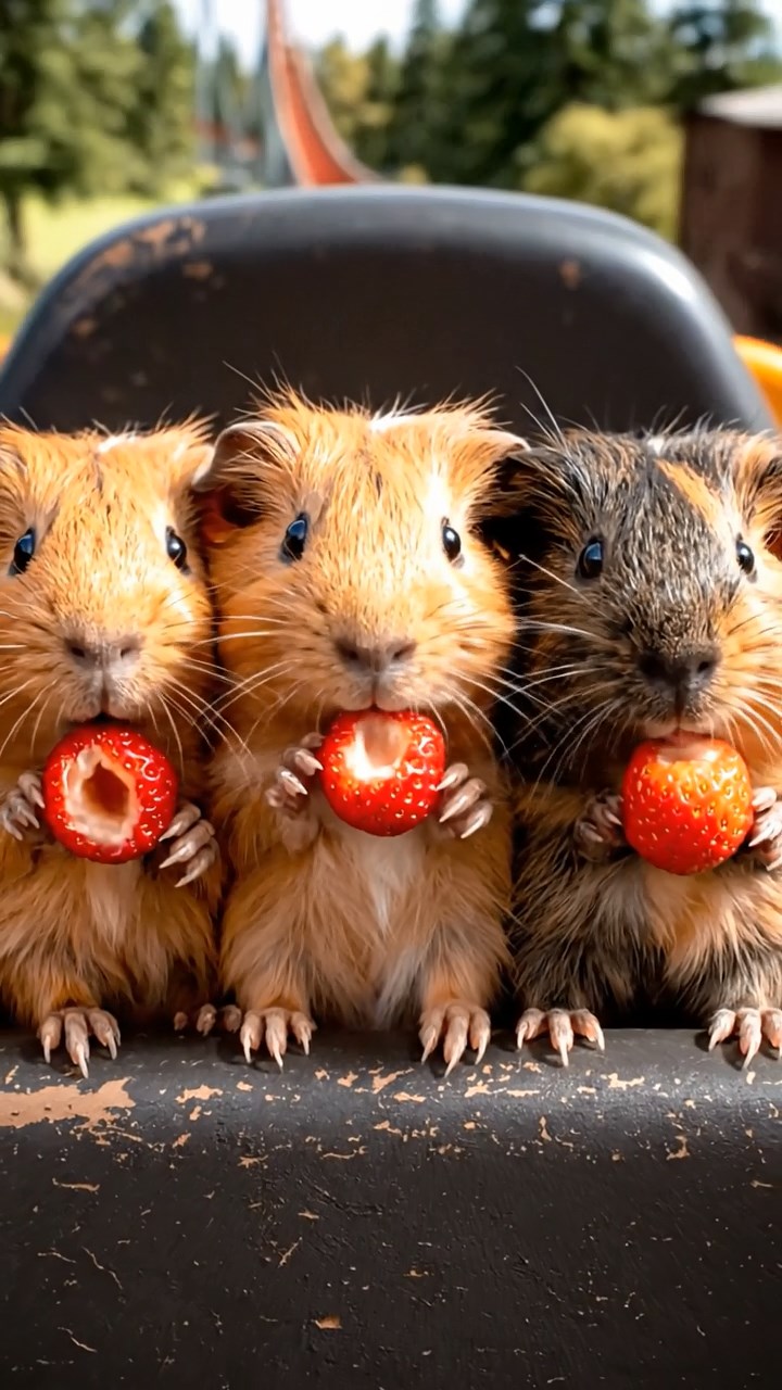 1061. Realistic scene of 4 smooth-haired American guinea pigs with orange, gray, and black fur, chewing on strawberry hulls, in a adrenaline-pumping roller coaster front seat.