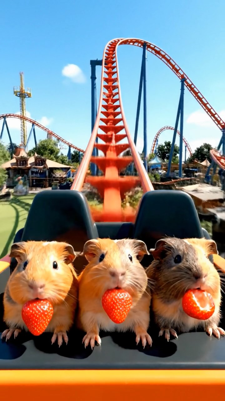 1061. Realistic scene of 4 smooth-haired American guinea pigs with orange, gray, and black fur, chewing on strawberry hulls, in a adrenaline-pumping roller coaster front seat.