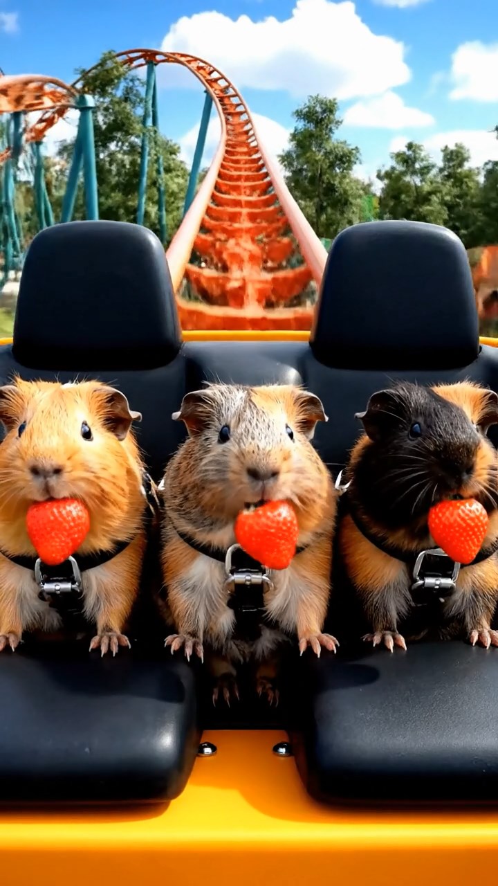 1061. Realistic scene of 4 smooth-haired American guinea pigs with orange, gray, and black fur, chewing on strawberry hulls, in a adrenaline-pumping roller coaster front seat.