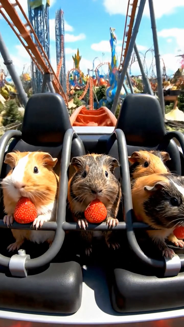 1061. Realistic scene of 4 smooth-haired American guinea pigs with orange, gray, and black fur, chewing on strawberry hulls, in a adrenaline-pumping roller coaster front seat.